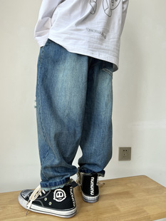 2025 Spring Blue Ripped Jeans Children's Big Trousers Children's Trousers High Street Wide Leg Casual Harem Pants