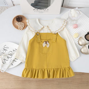 Girls suit Spring and Autumn 2025 New Stylish Fashionable Baby Lapel Shirt Strappy Skirt Outer Wear Children's Two-piece Set