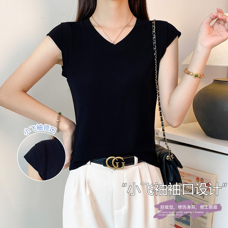 2025 새로운 스레드 라운드 넥 반팔 티셔츠 여성 여름 슬림 바닥 셔츠 다목적 슬리밍 플라잉 슬리브 탑 트렌디