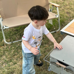 Korean Style Children's T-Shirt 2025 Summer New Boys and Girls Casual Printed Short Sleeve Round Neck Top Blue Jeans