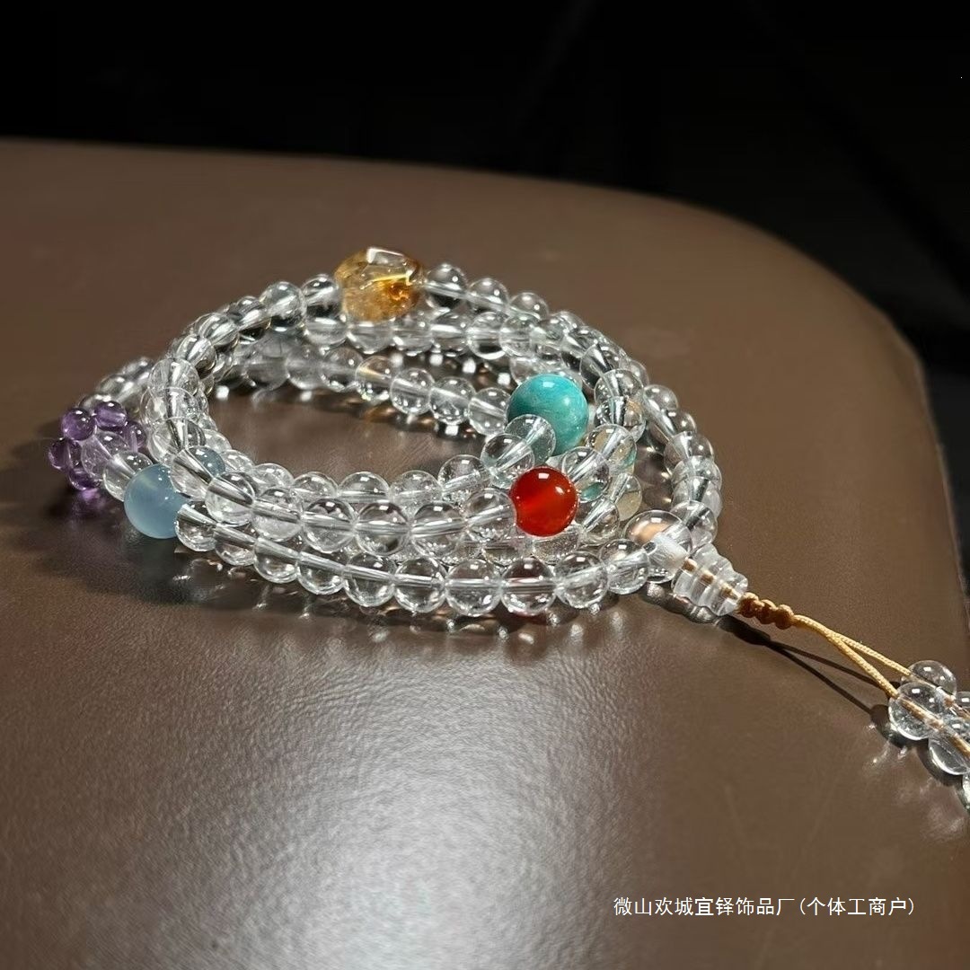 Natural White Crystal and Amethyst Multi-Circle Bracelet Necklace 108 Original Buddhist Beads, Fresh and Niche Light Luxury for Women