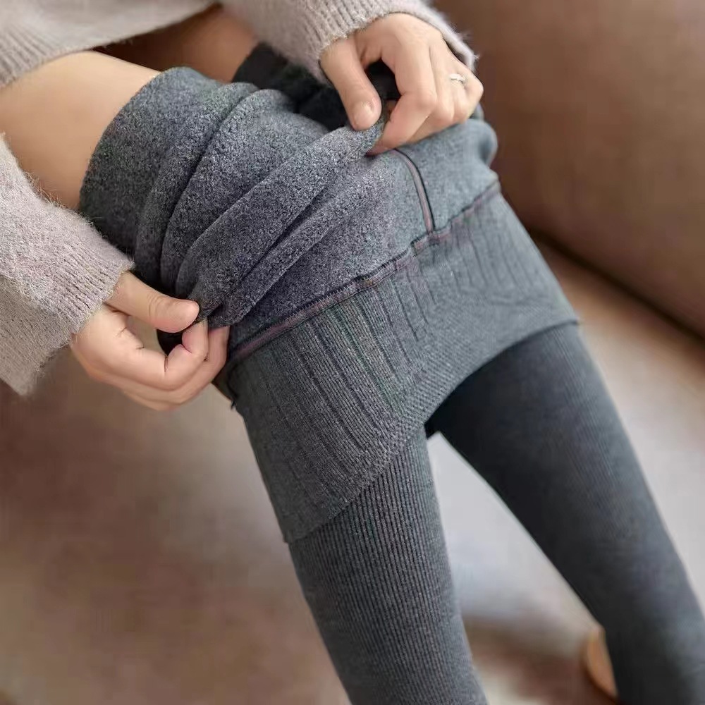 순면 세로 줄무늬 슬림핏 짙은 회색 레깅스 가을 겨울 캐시미어 느낌 기모 안감 두꺼운 보온 팬츠 여성용 고탄력