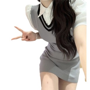 Korean Style Contrast Color POLO Collar Fake Two-piece dress Summer Slim New Style Hot Girl Tight Waist College-style Slim-fit Skirt