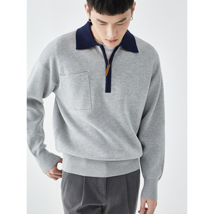Contrast color knitted polo shirt men's half-open lapel sweater long-sleeved top men's autumn light mature style high-grade sweater