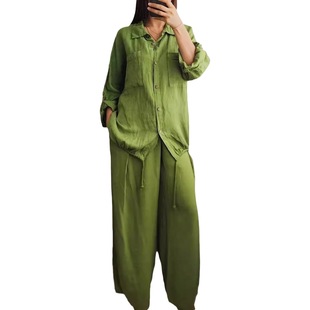 European and American Cross-border Independent Station Amazon Casual Loose Cotton and Linen Solid Color Shirt Button Wide Leg Pants suit Two-piece Set