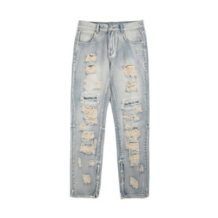 LKTM Men # американские уличные дырки узкие прямые джинсы мужские модные штаны для стирки брюки на молнии