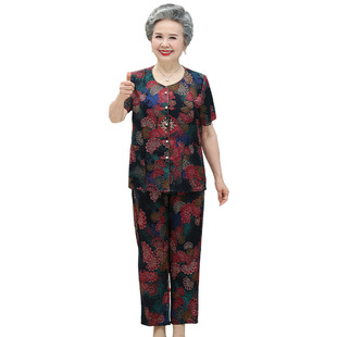 Grandma's Summer Cotton Silk suit Women's Middle-aged and Elderly Women's Summer Short-sleeved Mother's Cardigan Two-piece Elderly Clothes
