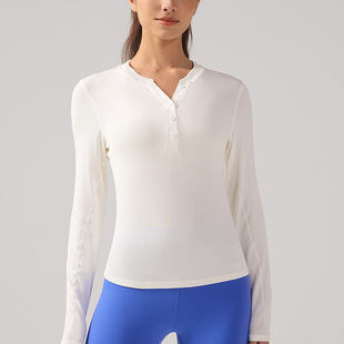 Lulu Henley Collar Yoga T-shirt Women's Elastic Slim Top Moisture Absorption and Sweat-wicking Running Fitness Long Sleeve Sports Short Sleeve