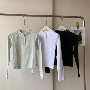 American Style Ins Street Style Retro Shoulder Long-sleeved T-shirt Women's Slim-fit Slimming Short Half-breasted Buckle Base Top Autumn