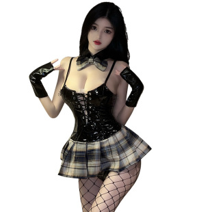 Sexy lingerie European and American sexy mirror paint lace-up strap plaid jumpsuit short skirt seductive students