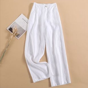 White Pure Linen Wide-leg Women's Pants Thin Summer Loose Casual Dosing High Waist Cotton Linen Straight Long Pants