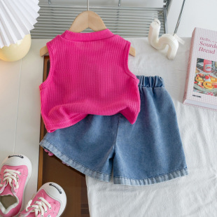 Baby Girl Summer Casual Sleeveless Cardigan Top, Fashionable Children's Summer Plaid Vest, Thin Shorts Two-Piece Set