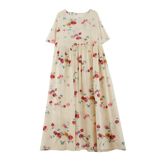2024 Summer new simple bohemian plus size short sleeve round neck printed mid-length dress women