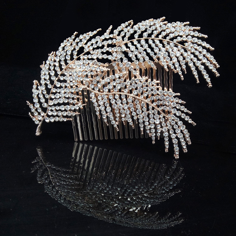 Bridal Comb with Golden Feathers, Wedding Updo Comb, Hairpin, High-End Hair Comb, Headpiece with Diamonds