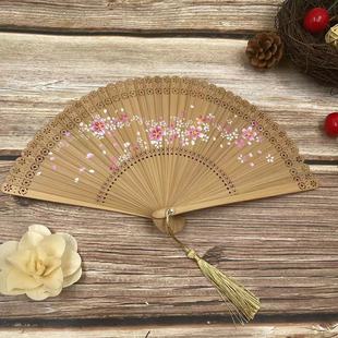 Full Bamboo Cherry Blossom Tassel Folded Fan Chinese Antique Photography Spray Painting Small Fan Bamboo Advertising Wholesale Folded Fan
