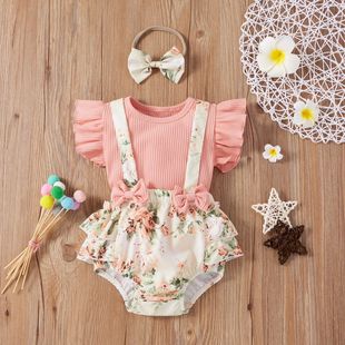 European and American Children's Clothing Female Infant Summer Flying Sleeve Top Printed Strap Hare Clothes Culottes Amazon Cross-border ins