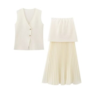 2024 Cross-border Autumn New Women's Clothing European and American Asymmetric Knitted Vest Stitching Pleated Skirt suit Women