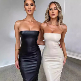 European and American Women's Cross-border Foreign Trade 2024 Autumn and Winter Fashion Solid Color PU Leather Sexy Strapless Waist Hip dress