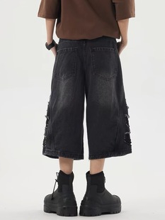Explosive Destruction Washed Old Denim Shorts Men's and Women's Loose American Style Retro Cut Wide Leg Straight Cropped Pants Trendy