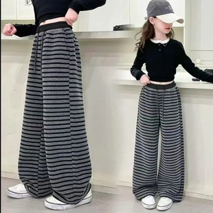 2025 Net Red Child Child Fun дикие полосатые клейкие рисовые прямые брюки повседневная корейская версия свободного иностранного стиля