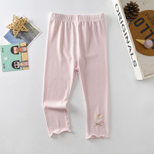 Girls' Leggings Summer Thin 2024 New Children's Pants Cropped Pants Stretch Rabbit Embroidered Summer Pants