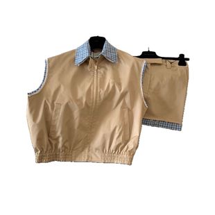 25 Early Spring New MM Series Embroidered Blue Plaid Lapel Stitching Zipper Waist Casual Vest Jacket