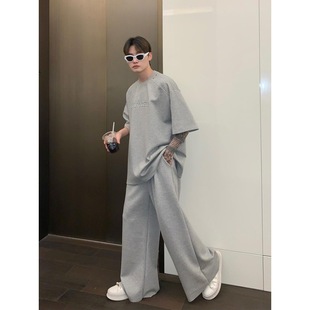 Casual Small Neckline Short-sleeved Men's Summer Stereo Letter Casual Suit Versatile Straight Pants with Two-piece Set