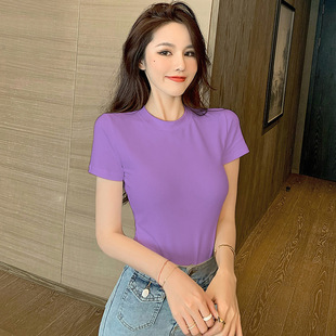 White T-shirt Women's Short-sleeved Half-high Collar Cotton T-shirt Instagram Trendy 2024 New Spring Tight Base Shirt Top