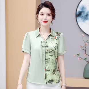 Mother's Summer 2024 New Short-sleeved Silk-like Shirt Fashion suit Middle-aged and Elderly Women's T-shirt New Chinese Style Top