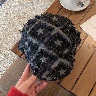 Niche Punk Washed Old Star Denim Beret Women's Summer Newsboy Cap Show Face Duckling Tongue Forward Hat