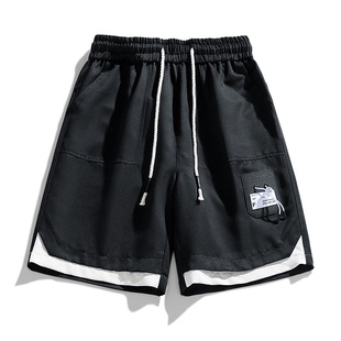 Fake Two-Piece 2024 New Contrasting Color Splicing Shorts Men's Ice Silk Casual Loose Ice Silk Summer Thin Quick-Drying See-Through