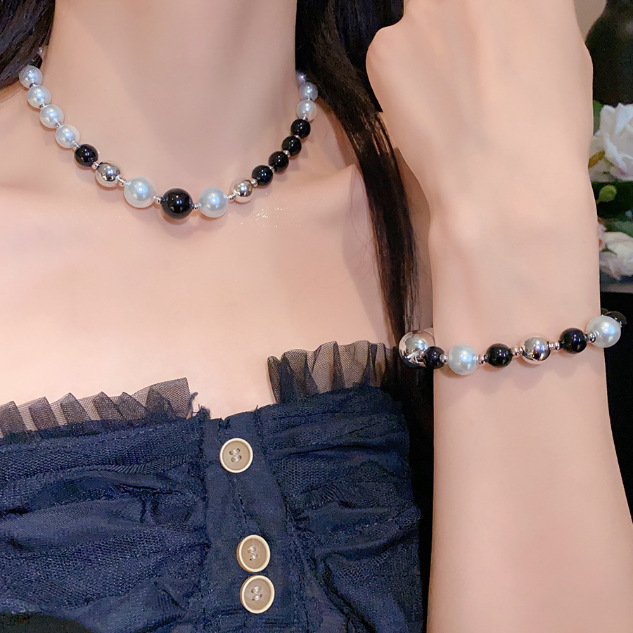 Hanluo~Pearl Glass Beaded Bracelet Necklace French Simple Luxury Sweater Chain Fashion Versatile Jewelry Set