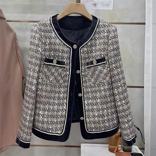Spring and Autumn Style Chanel Style Short Coat Fashionable Elegant Round Neck Long Sleeve Celebrity Style Elegant All-match Top