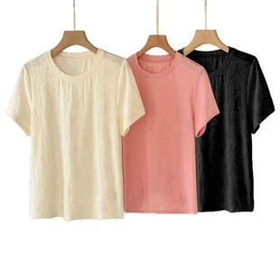 Endy Simple Stretch Embossed Jacquard Knitted T-Shirt Women's 2025 Summer Stretch Round Neck All-Match Short Sleeve Top