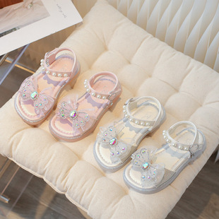 Girls' Sandals Summer 2024 New Style Middle and Large Children's Fashion Stylish Princess Shoes Cute Bow Little Girl Sandals