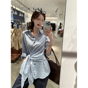 Korean Style Simple Blue Plaid Long-sleeved Shirt Women's Early Autumn New Design Tight Waist Chic Irregular Lace-up Shirt