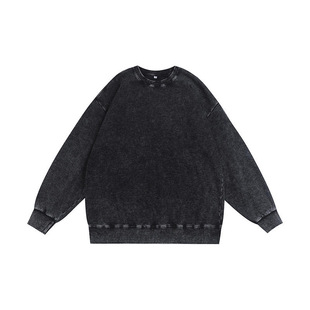 350g American wash retro crew neck sweater cross-border plus size cotton terry batik old pullover sweater men