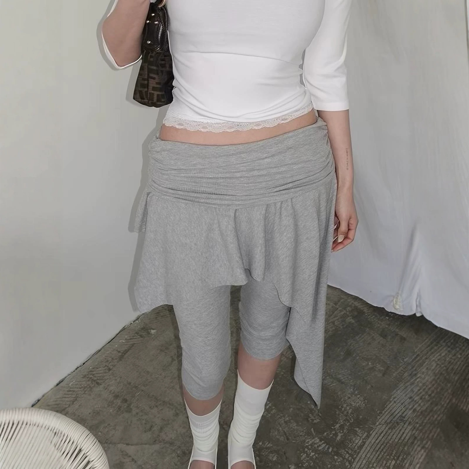 Autumn Ballet Style Korean Design Irregular Hem Fake Two-Piece 7/8 Leggings Tight Casual Pants