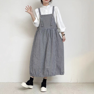 Artist Style Cotton Linen Plaid Sleeveless dress Women's 2025 Summer New Loose All-match Age-reducing High Waist Vise Skirt
