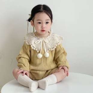 Korean Style Baby Girls' Jumpsuit Spring and Autumn Harper Baby Harper Girl Princess Solid Color Long Sleeve Climbing Suit with Lotus Collar