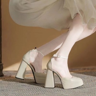 Mary Jane Coarse Heel High Heels Women's 2025 New Fairy Style Waterproof Platform French Square Toe Single-layer Shoes with Buckle