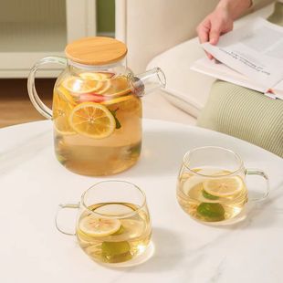 Heat-resistant borosilicate glass cold water bottle with filter wire filter juice cold water pot bamboo covered steel lid four seasons cold water bottle