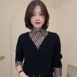 2024 Autumn and Winter New Stitching Fake Two-piece Base Shirt Slim Double-sided Fleece Long-sleeved T-shirt Women's Inner Warm Top