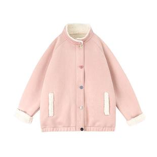 2024 New Pink Baseball Suit Jacket Coat Women's Autumn and Winter fleece-lined Thickened Suede Plush Cotton Coat