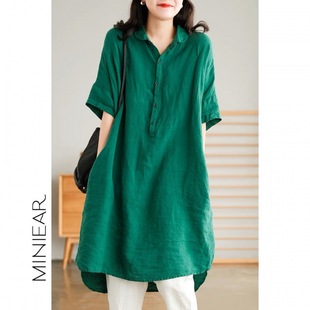 Vintage Artistic Solid Color Linen Midi Shirt Women's 2024 Summer Loose Half Sleeve Half Open Collar Skirt