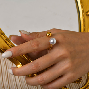 Simple pearl ring stainless steel adjustable opening round ball Lady ring gold hand jewelry wholesale cross-border