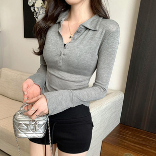 Unique and Beautiful Polo Shirt Lapel Horn Long-sleeved T-shirt Women's 2025 Spring and Autumn Slim-fit Chic Inner Base Top