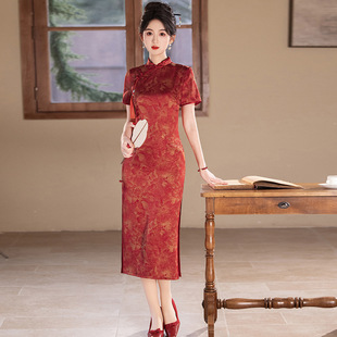 Old Shanghai Retro Guofeng Long Short-sleeved Red Cheongsam 2025 Spring New Wedding Banquet Cheongsam Toast Dress for Examination