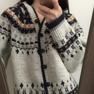 Vintage Jacquard Fell Island Hooded Sweater Cardigan Women's Autumn and Winter 2024 New Lazy Style All-match Thick Knitted Jacket