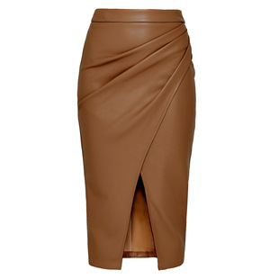 Vintage Leather Skirt Long A- line Split Slim-fit High Waist Hip Skirt Women's Autumn and Winter Black Casual Slim-fit Long Skirt
